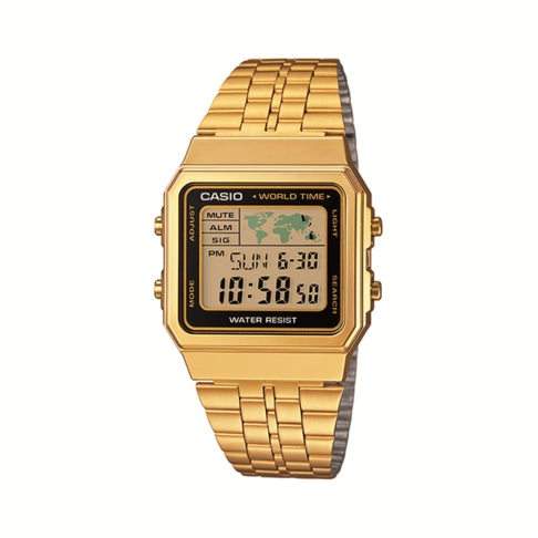 CASIO RETRO DIGITAL WORLD TIME GOLD-TONE STAINLESS STEEL WATCH