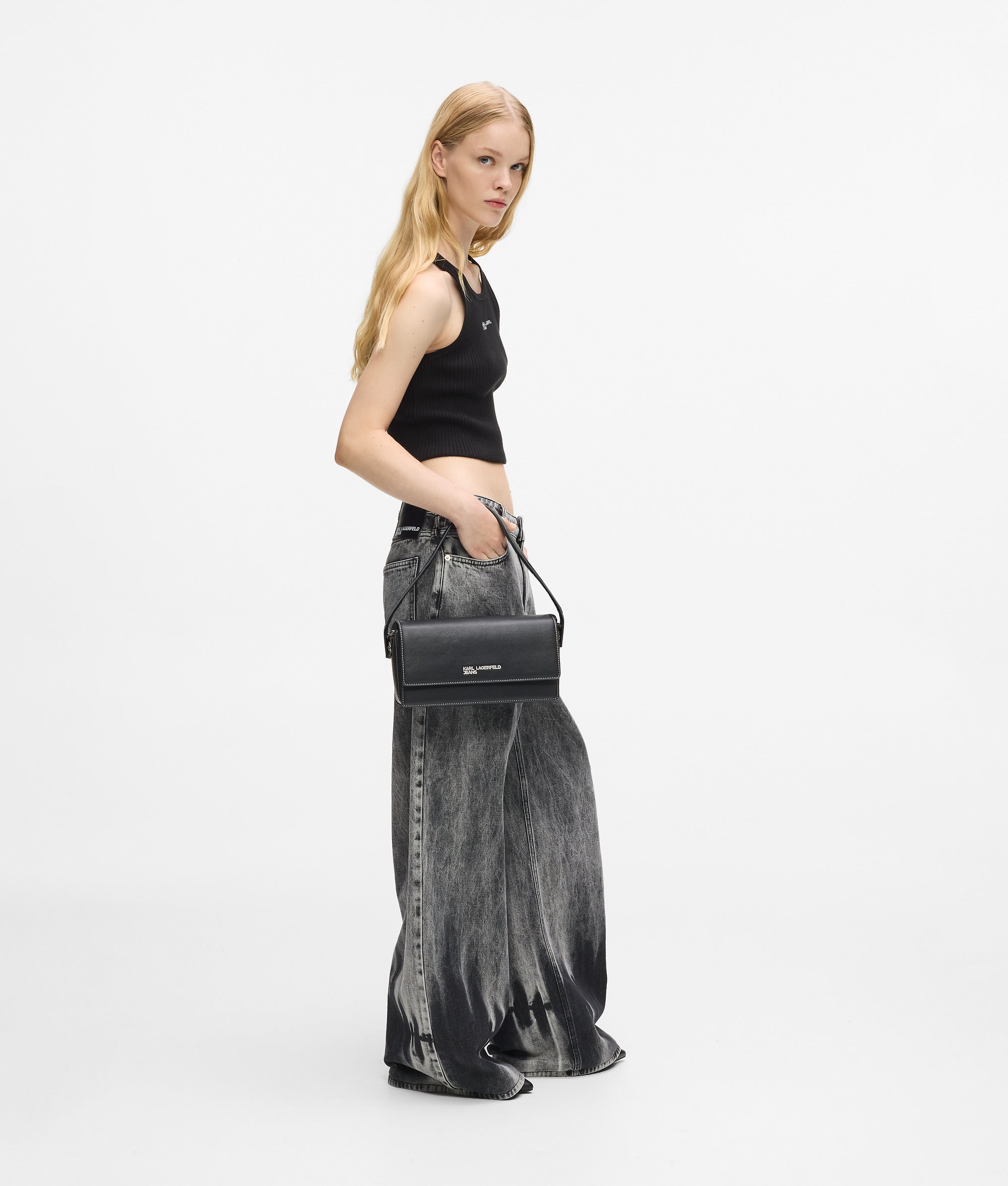 Metal logo top handle bag