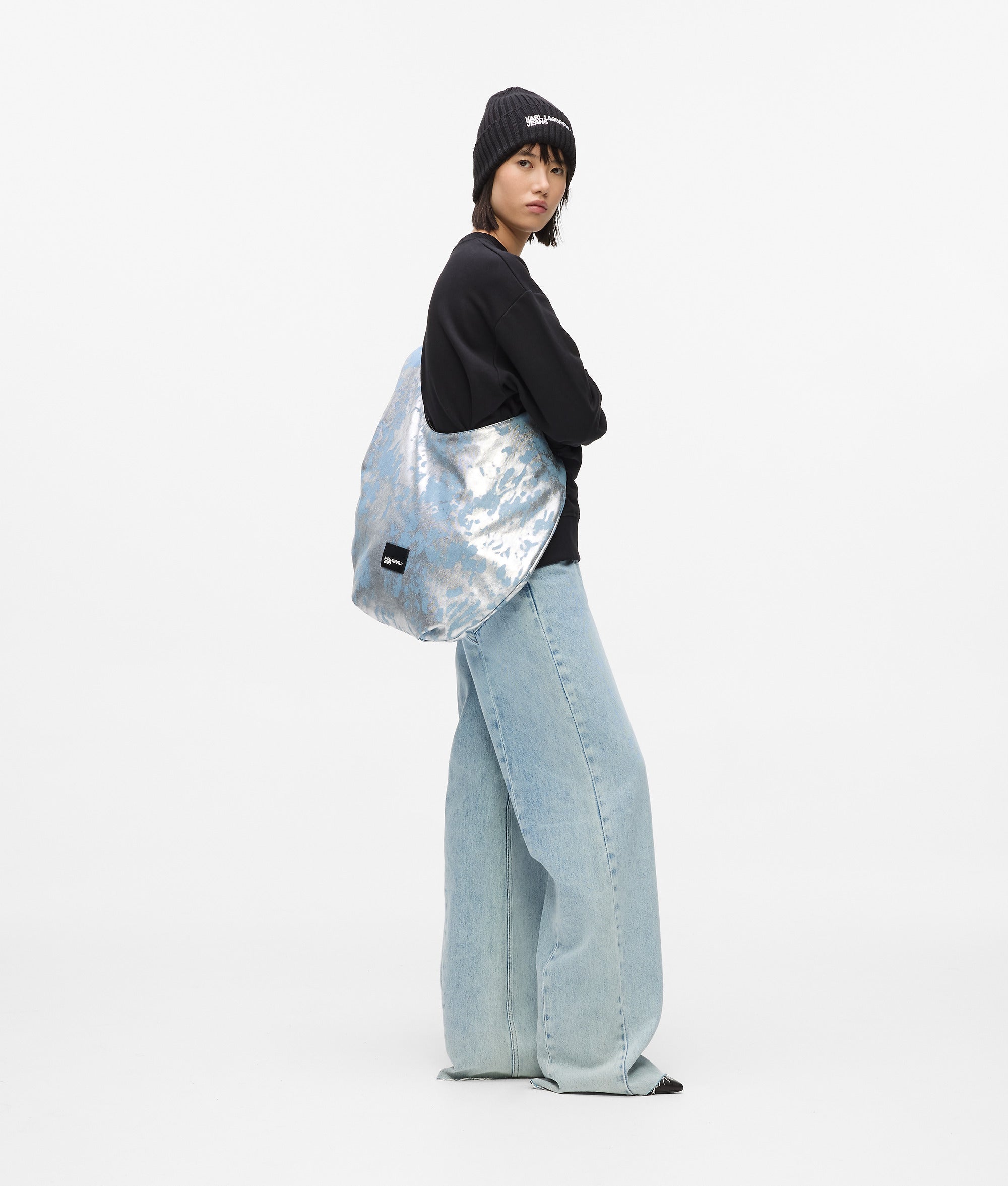 Large high-shine denim hobo bag