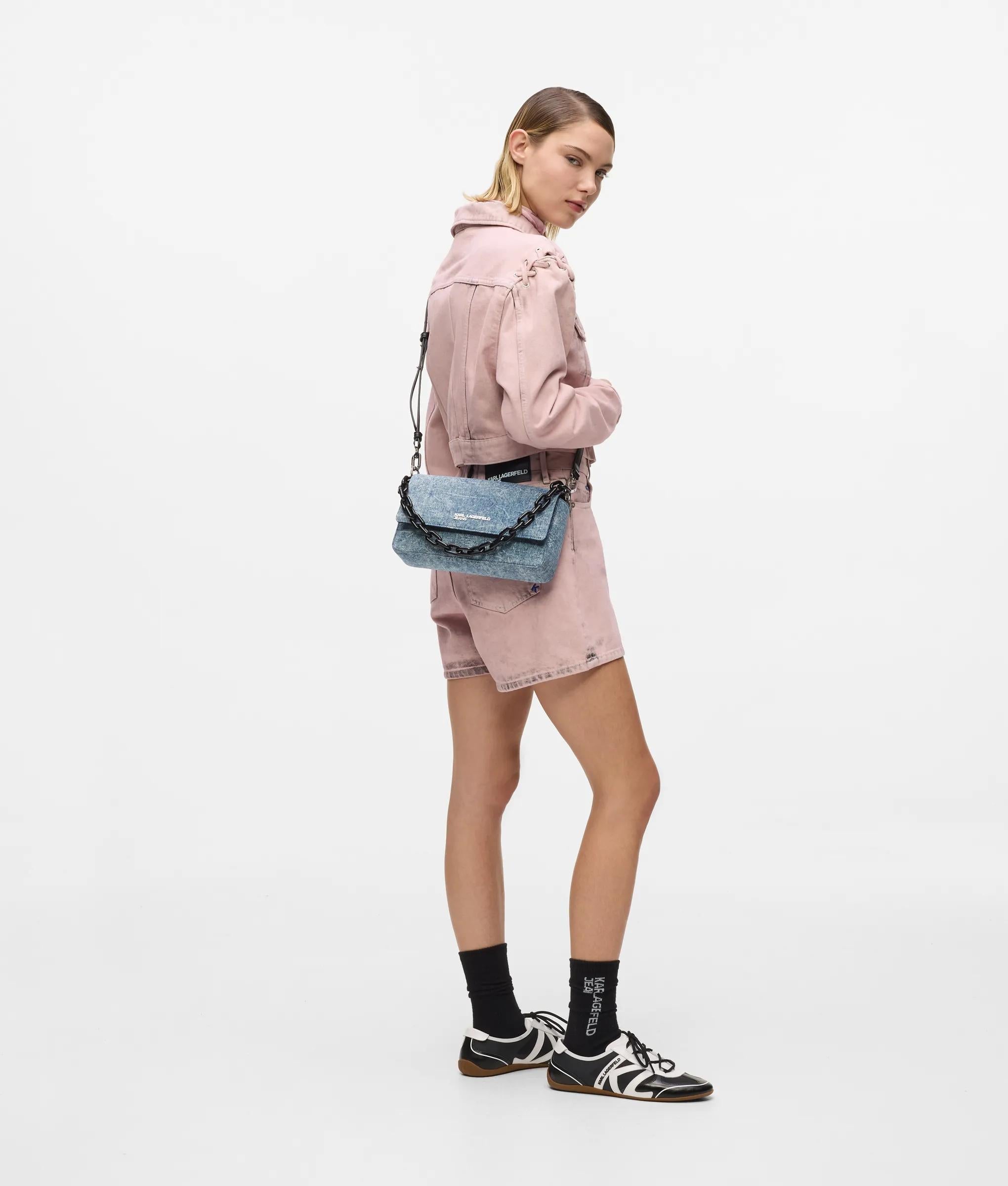 Denim chain top handle bag
