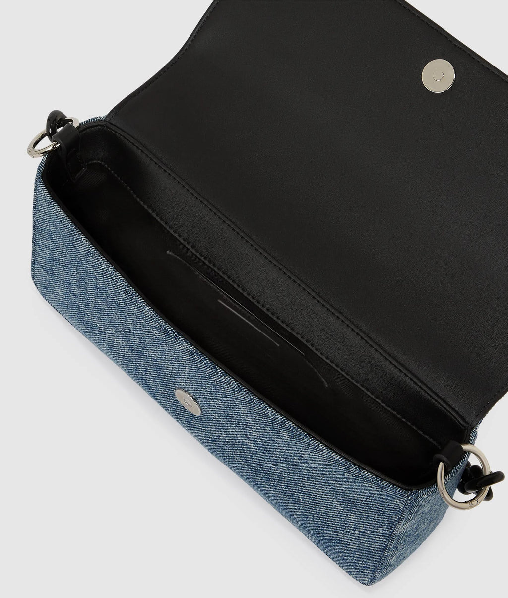 Denim chain top handle bag