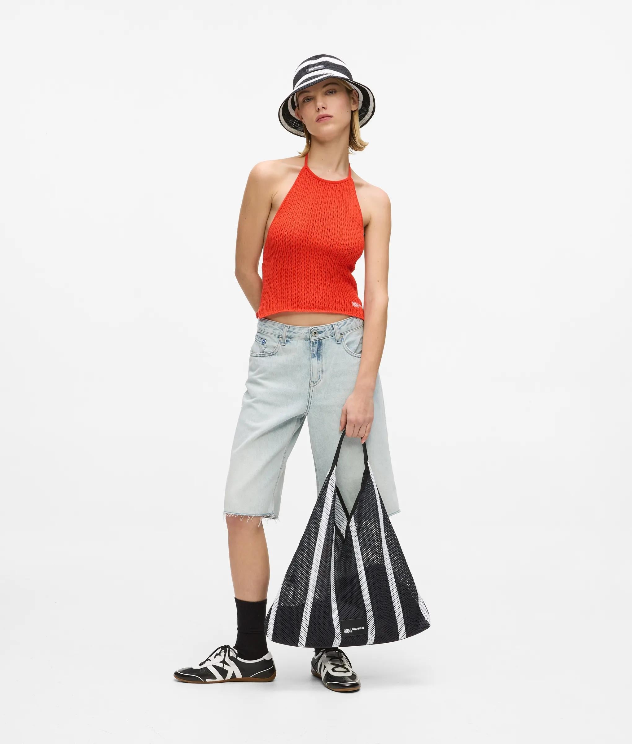 Striped mesh tote bag