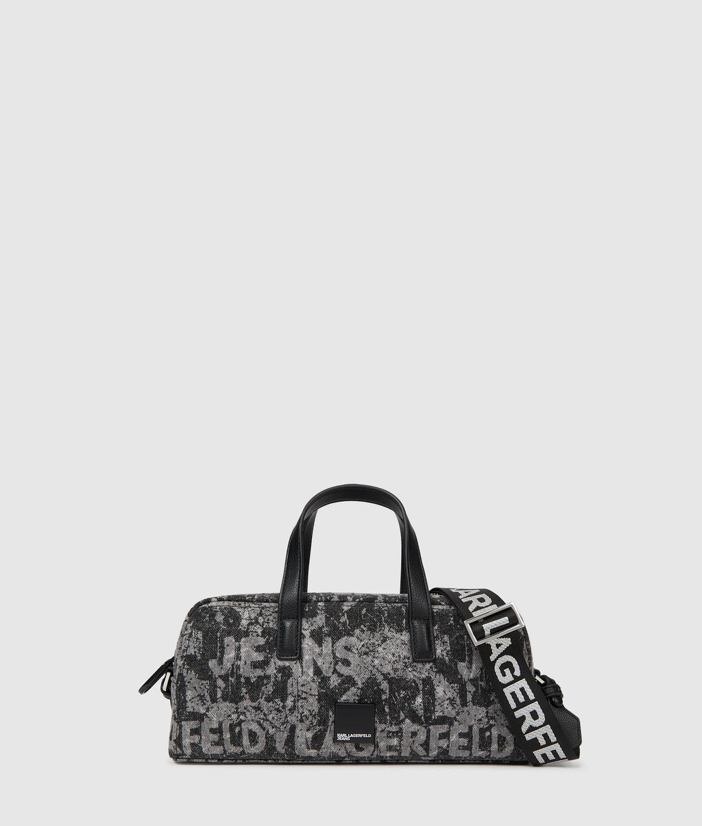 Denim graphic print bowling bag