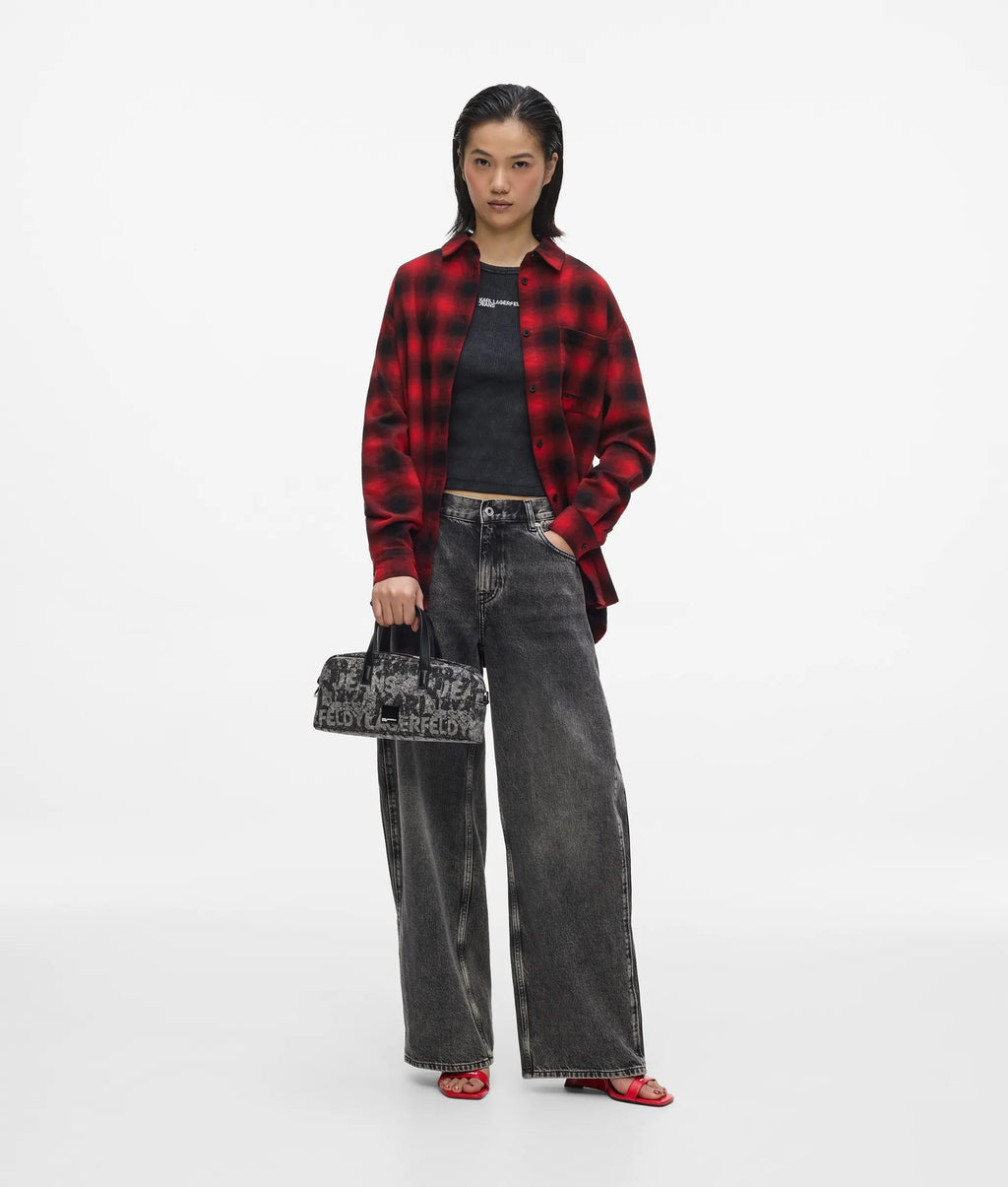 Denim graphic print bowling bag