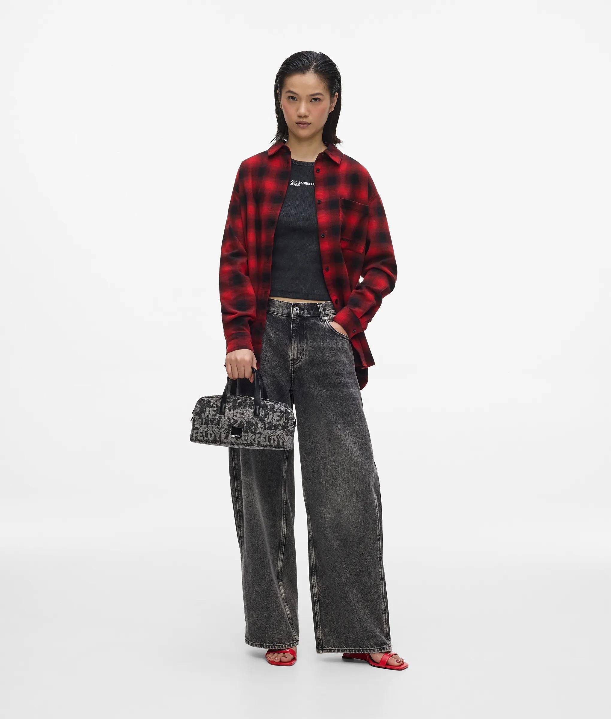 Denim graphic print bowling bag