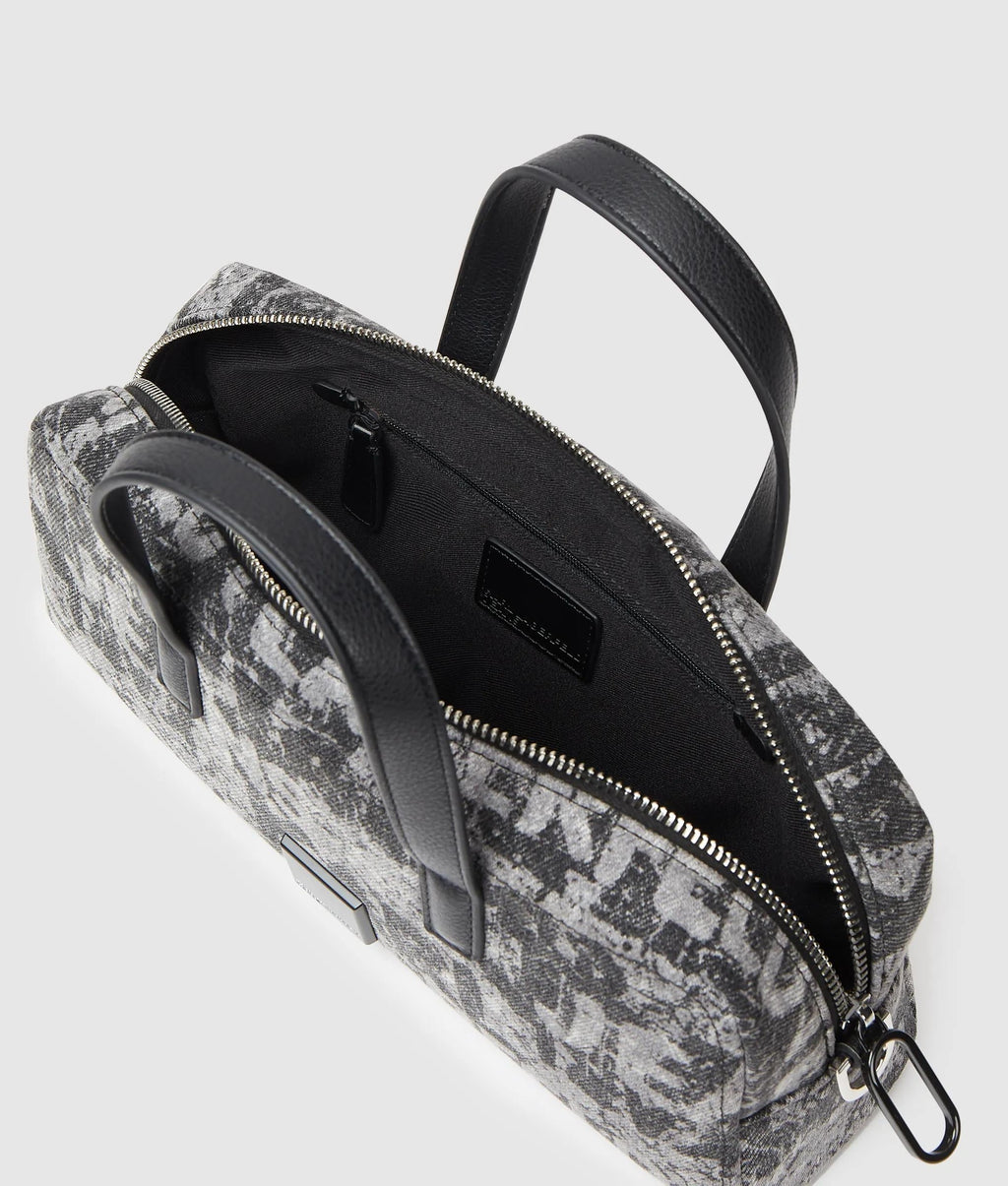 Denim graphic print bowling bag