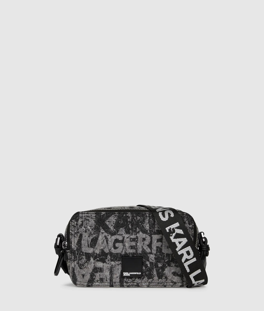 Denim graphic print camera bag