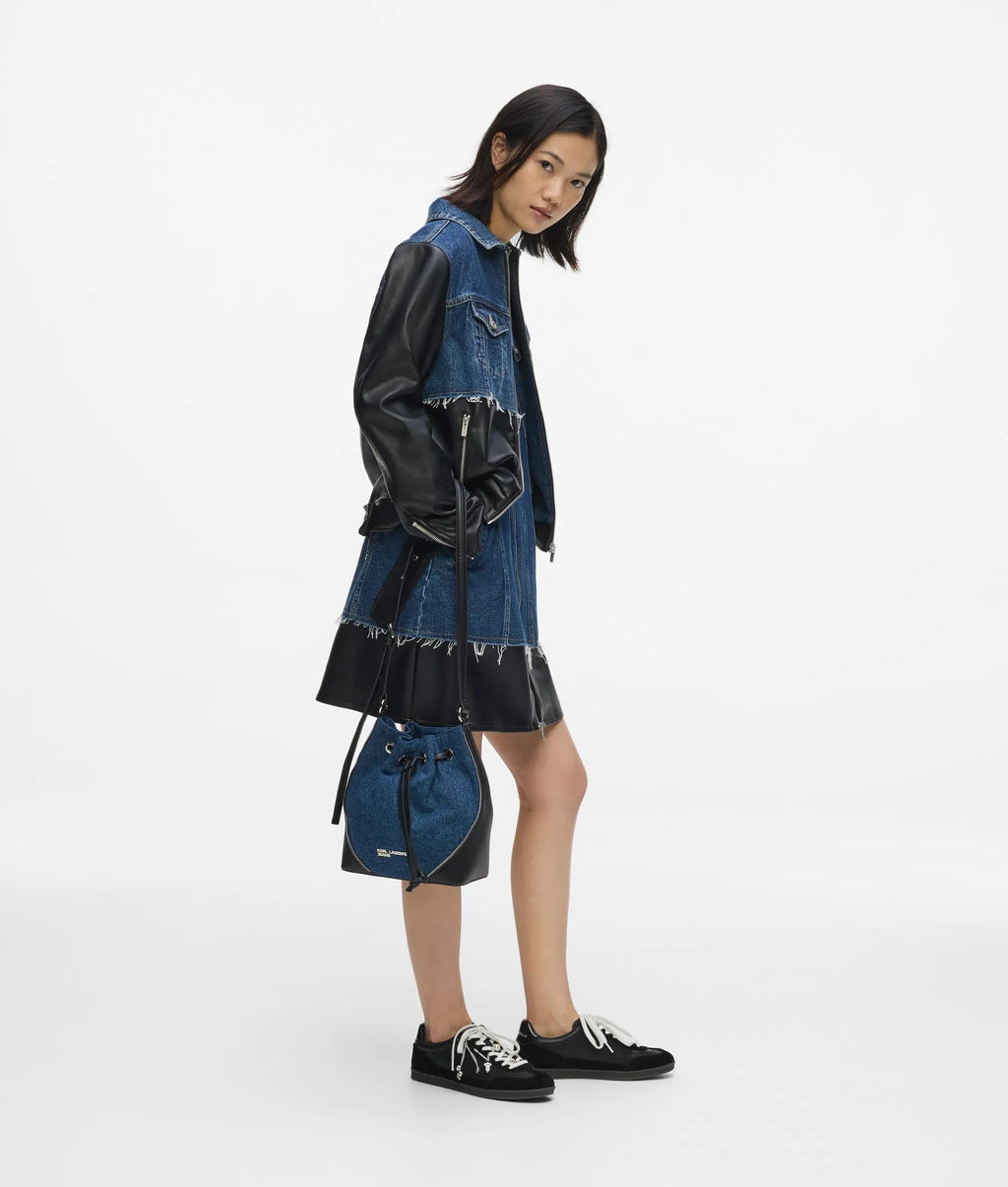 Rebel denim and faux-leather bucket bag