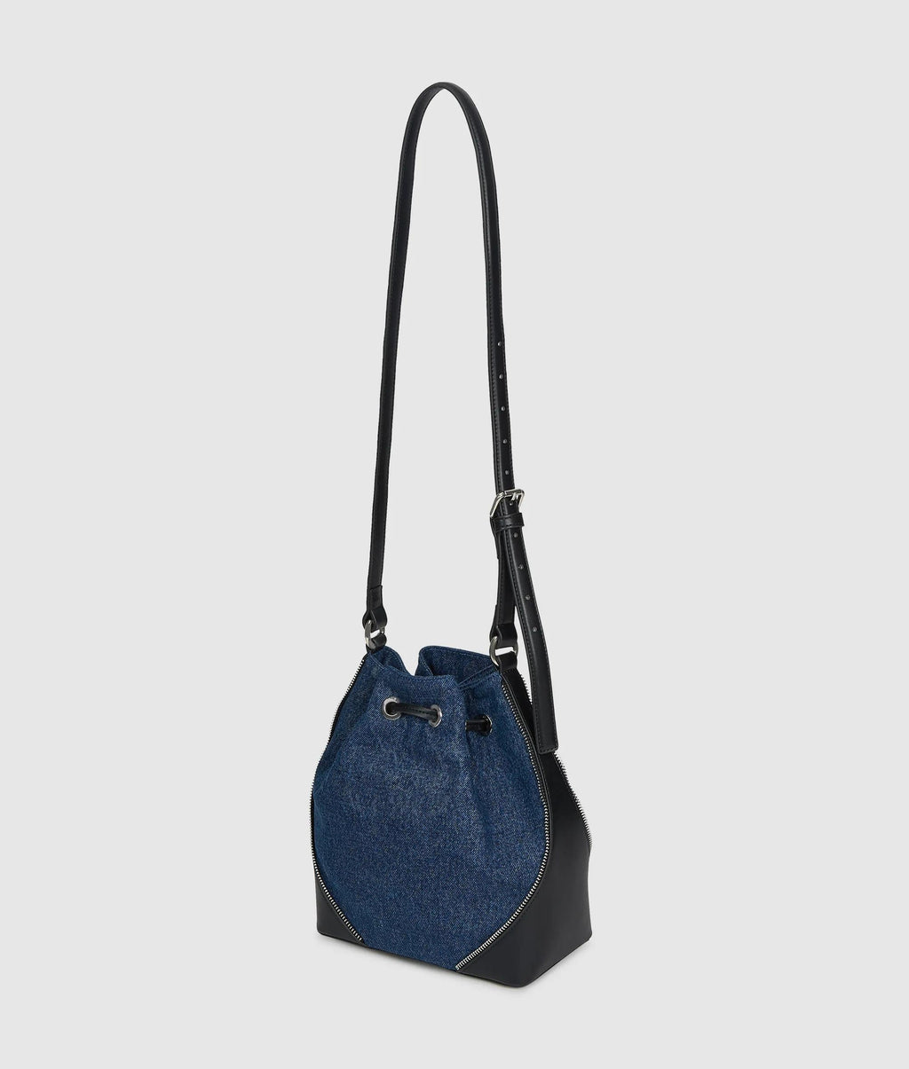Rebel denim and faux-leather bucket bag