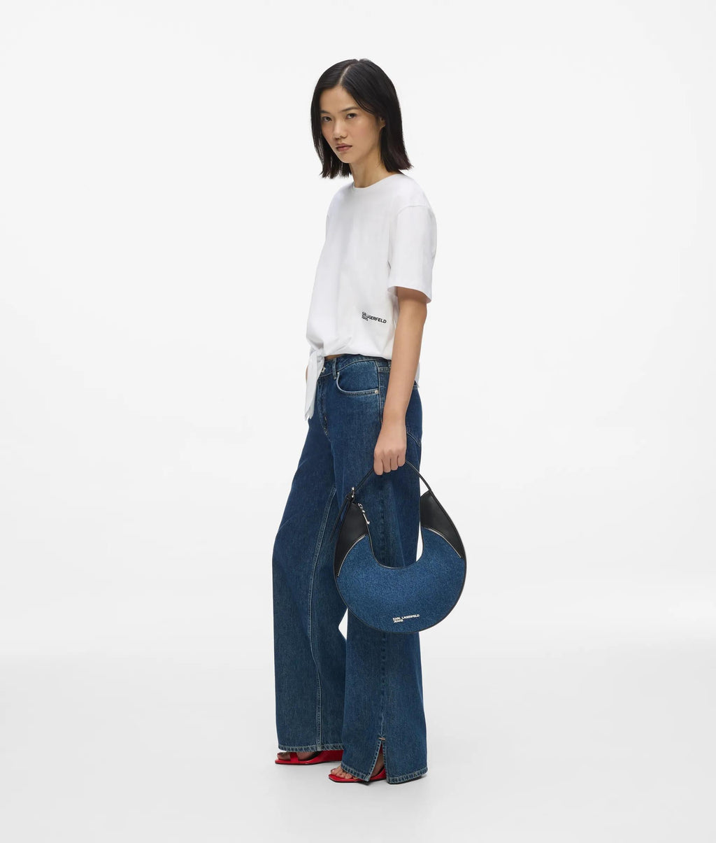 Rebel denim and faux-leather hobo bag