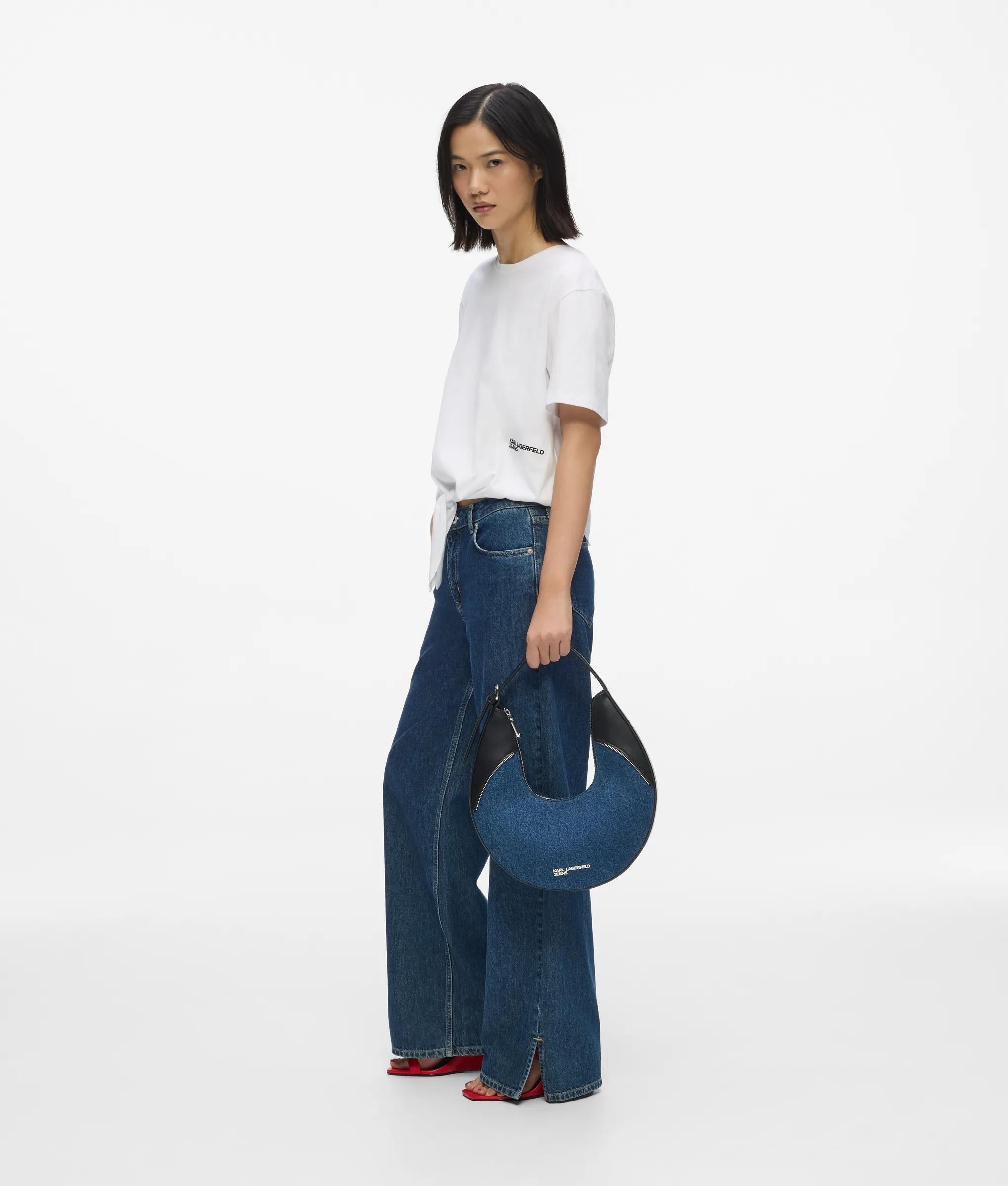 Rebel denim and faux-leather hobo bag
