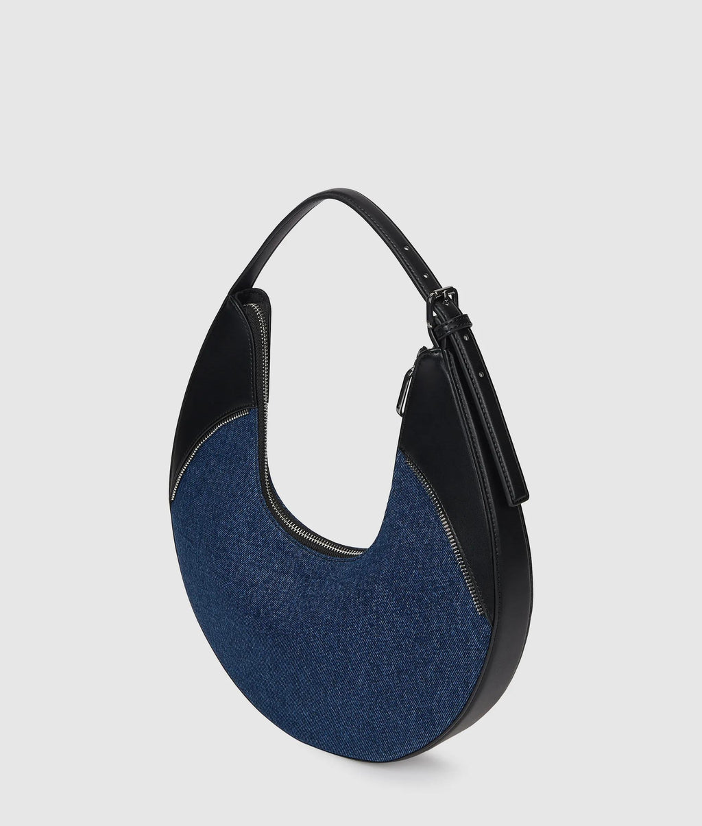 Rebel denim and faux-leather hobo bag