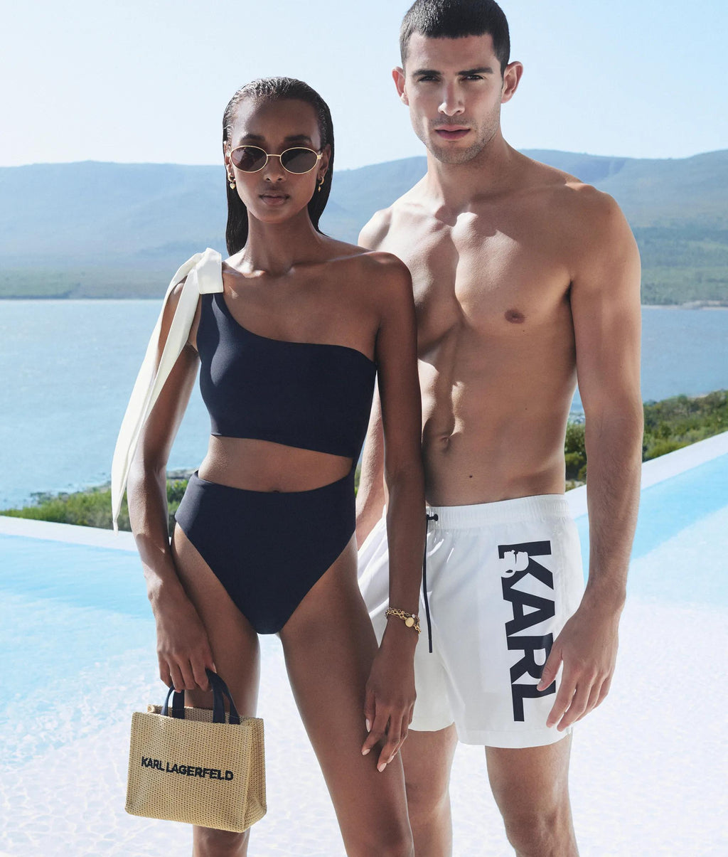 Logo small square woven beach bag