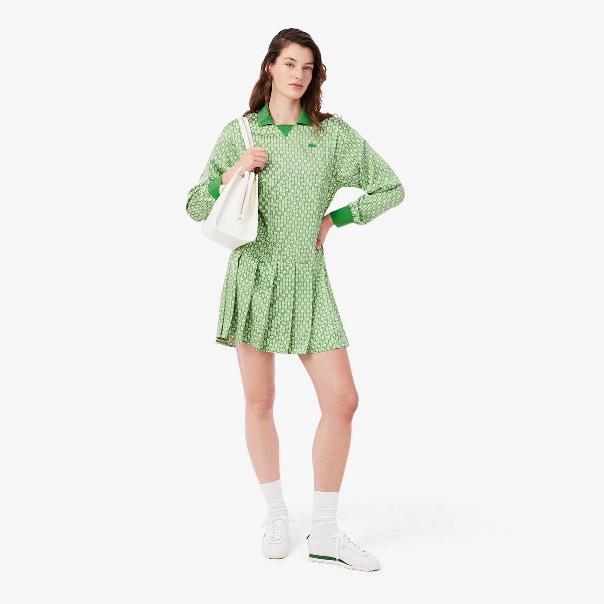 Pleated Satin Polo Dress